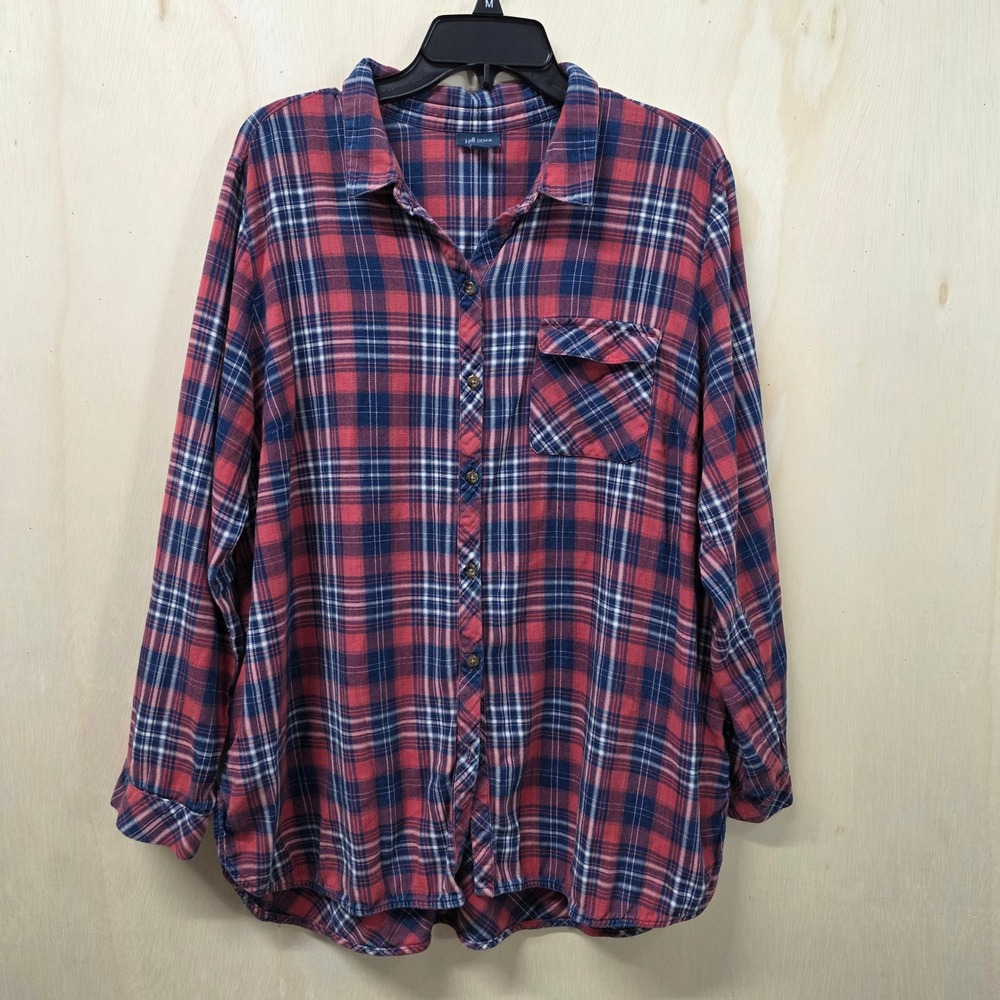 J. Jill 100% Cotton Red Navy Blue Plaid Button Down Shirt Long Sleeve Size XL